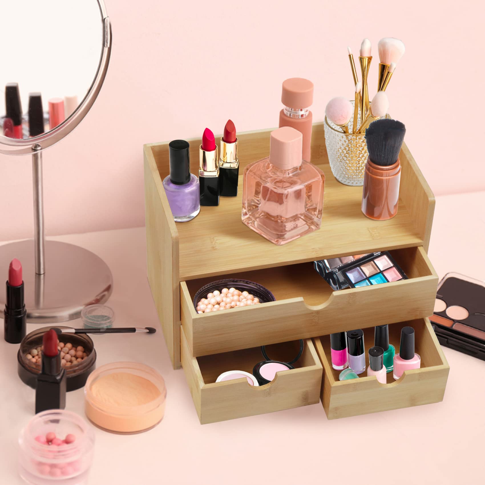 Bamboo Makeup Organizer With 3 Drawer Cosmetic Storage Organizer China Factory - Image 4