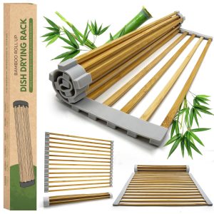 China Factory Direct Supplier Bamboo Wooden Over the Sink Drying Rack Roll Up Dish Drying Rack Kitchen Sink Accessories
