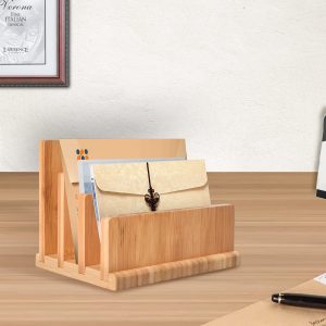 China Factory Direct Supplier Bamboo 3 Segment Desktop Office Supplies Tilt Sorting Shelf Vertical Desktop Letters