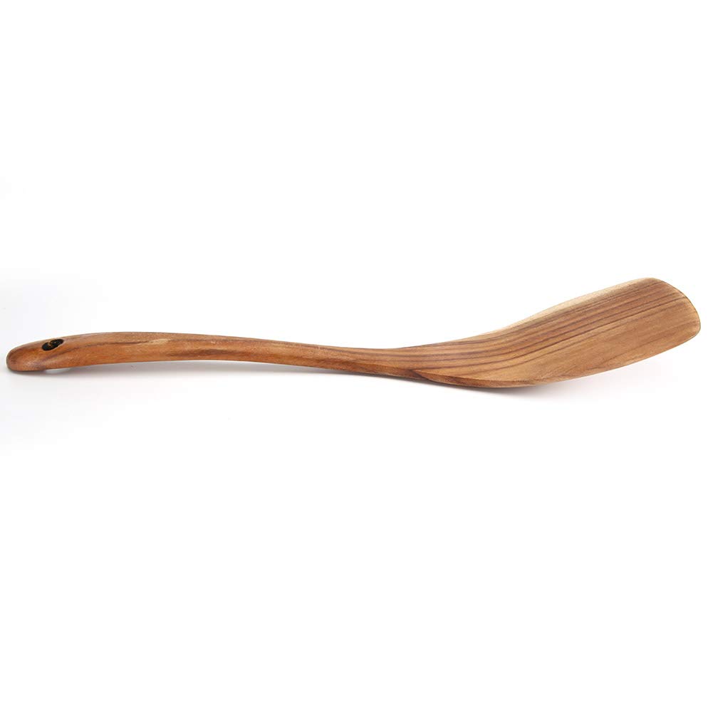 Side view of a solid cooking turner showing its curved handle and raised blade profile