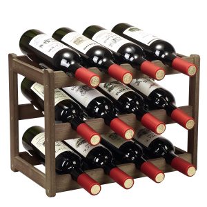 Countertop wine rack with three tiers of scalloped supports and four bottle positions across each level