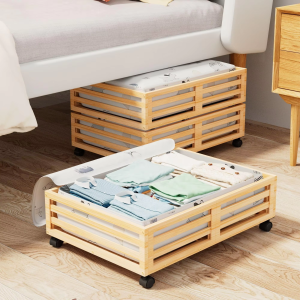 China Factory Direct Supplier Bamboo Wood Rolling Under the Bed With Wheels With Large Dust Bag Sturdy
