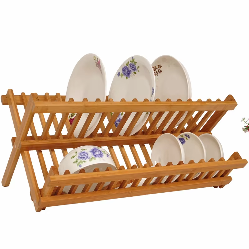 China Factory Direct Supplier Bamboo Folding 2-Tier Collapsible Drainer Dish Drying Rack