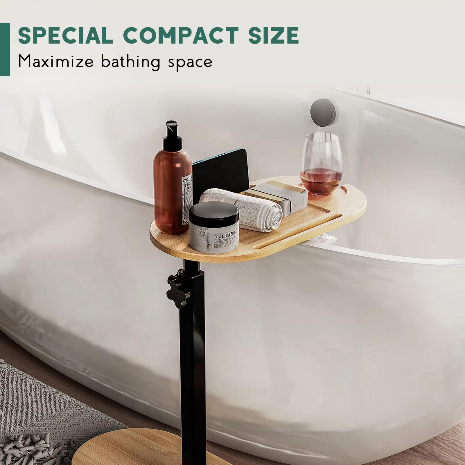 China Factory Direct Supplier Bamboo Bathtub Tray Table with Adjustable Height Organizer - Image 4