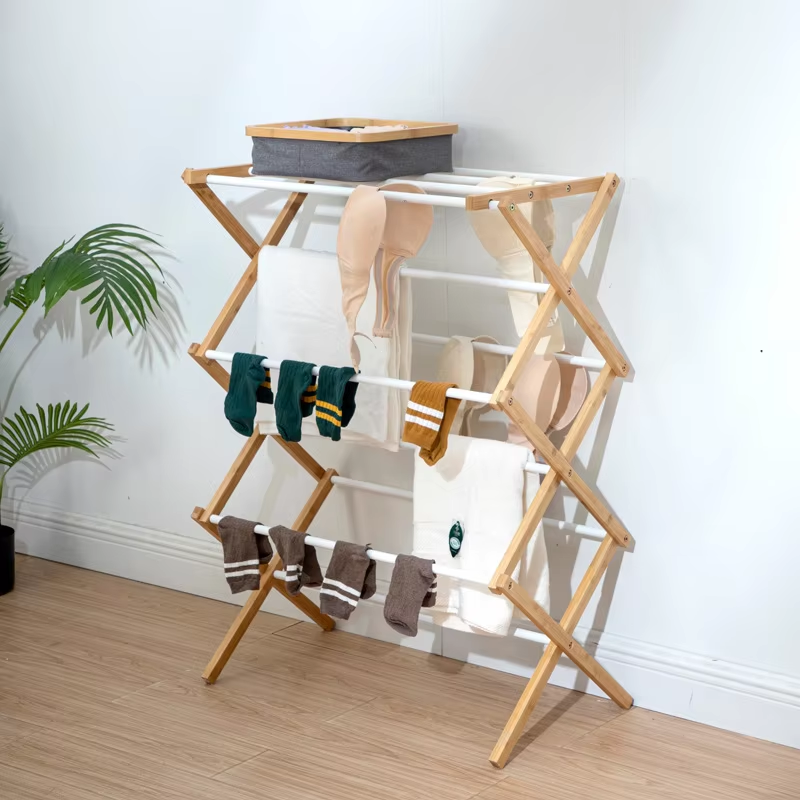 China Factory Direct Supplier Wood Laundry Rack Durable Folding Drying Rack Towel Shelf - Image 6