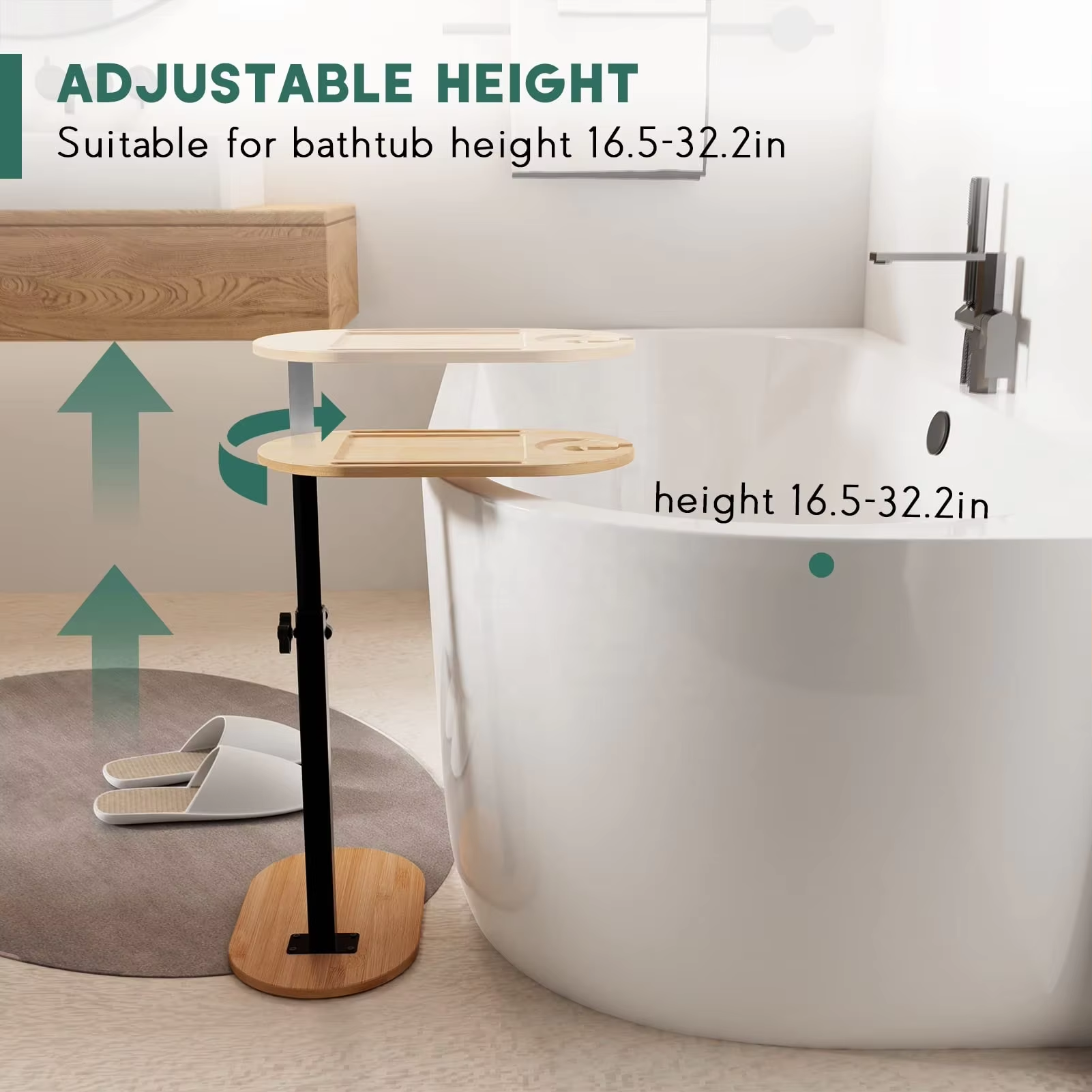 China Factory Direct Supplier Bamboo Bathtub Tray Table with Adjustable Height Organizer - Image 3