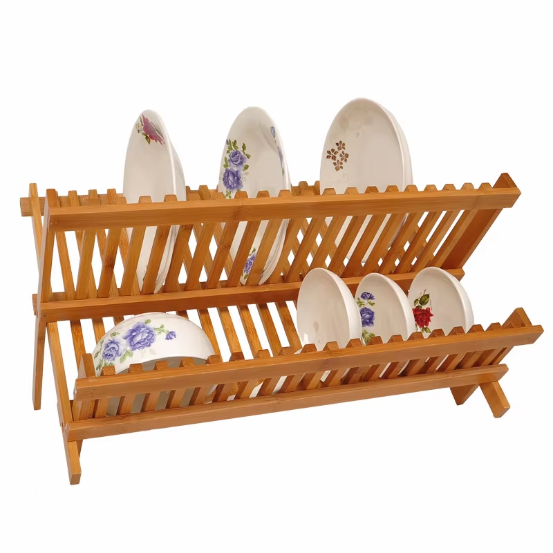 China Factory Direct Supplier Bamboo Folding 2-Tier Collapsible Drainer Dish Drying Rack - Image 2