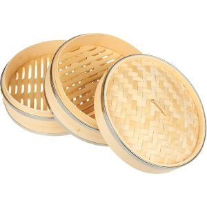 2-Tier 10 Inch Bamboo Steamer Basket with Steel Rings China Bamboo Wood Factory