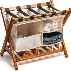 China Factory Direct Supplier Bamboo Luggage Rack Holder With Removable Laundry Bag And Storage Shelf