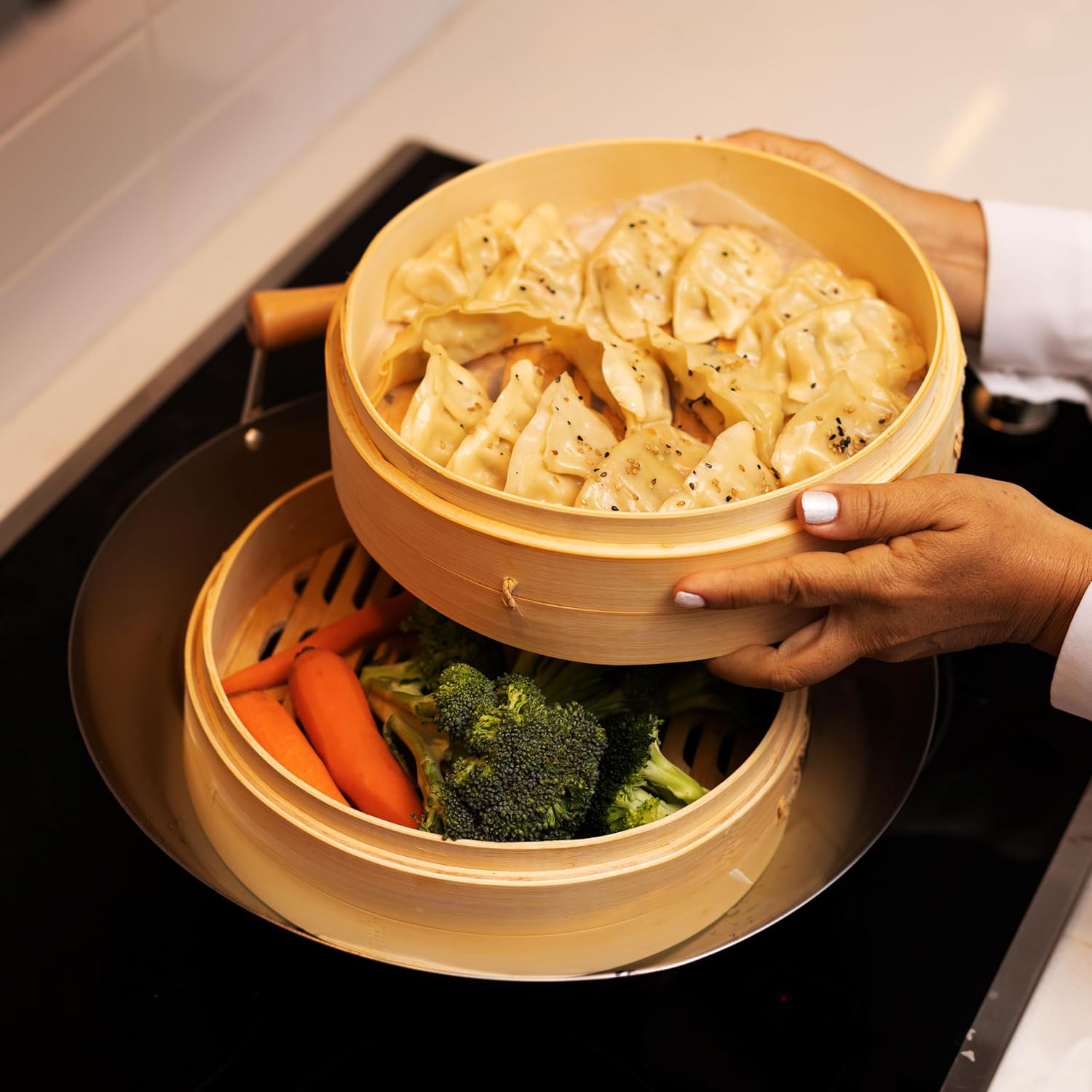 China Manufacturer 2-Tier Bamboo Steamer Baskets Reusable Dumpling Steamer