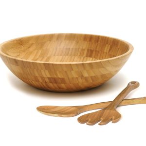 China Manufacturer Bamboo Wood Salad Bowl With 2 Server Utensils Rice Bowl Snack Bowl Fruit Container Salad Mixing Bowl