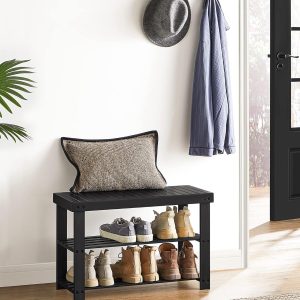 China Manufacturer Black Bamboo Shoe Rack Bench 3-Tier Bamboo Shoe Storage Organizer