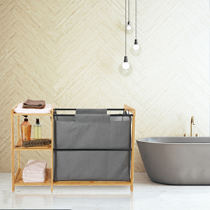 China Factory Direct Supplier Bamboo Laundry Hamper With Shelves Freestanding Laundry Hamper Basket Table With Removable Sliding Bags Bamboo Storage Laundry