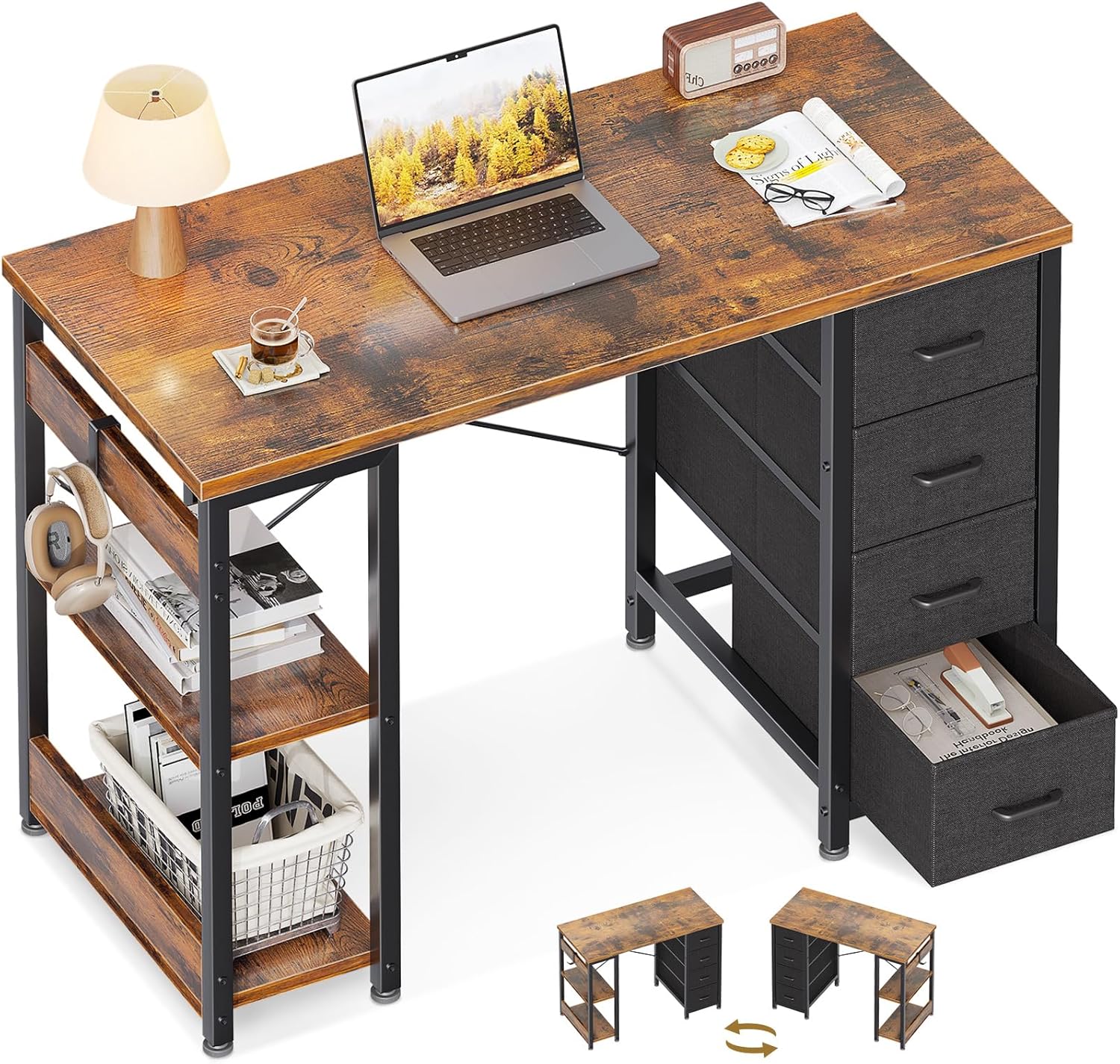 Small Vintage Modern Writing PC Desk with 4 Fabric Drawers Storage Shelves Wood Products Supplier - Image 5