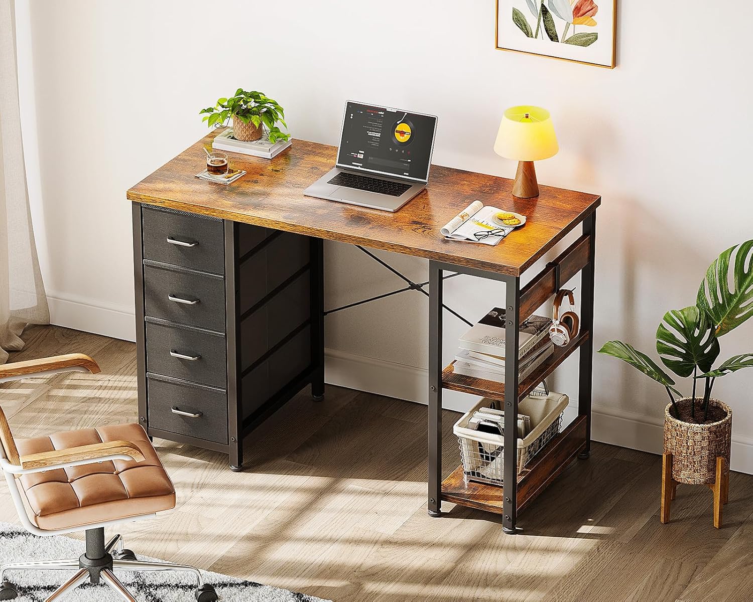 Small Vintage Modern Writing PC Desk with 4 Fabric Drawers Storage Shelves Wood Products Supplier