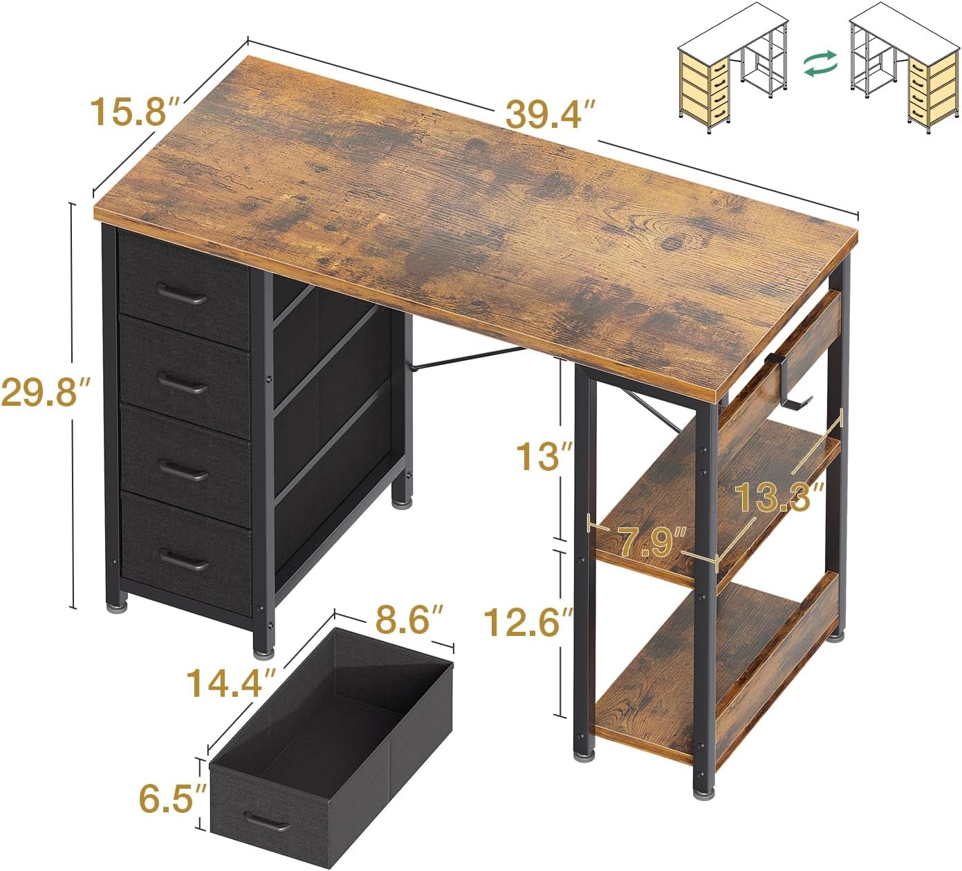 Small Vintage Modern Writing PC Desk with 4 Fabric Drawers Storage Shelves Wood Products Supplier - Image 3