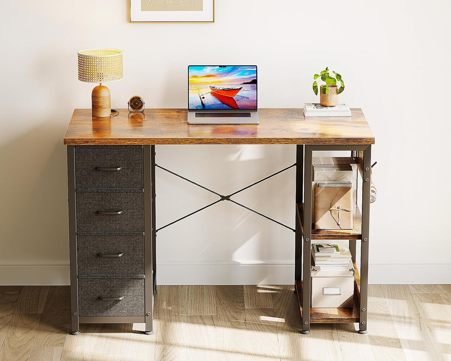 Small Vintage Modern Writing PC Desk with 4 Fabric Drawers Storage Shelves Wood Products Supplier - Image 2