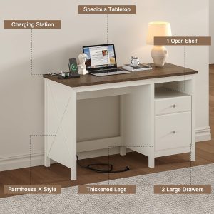 Soft White Executive Home Office Computer Desk with Drawers Charging Station Storage Shelf Vanity Writing Desk Wood Products Supplier