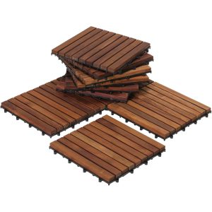 Interlocking Flooring Tiles in Solid Teak Wood Oiled Finish Set of 10