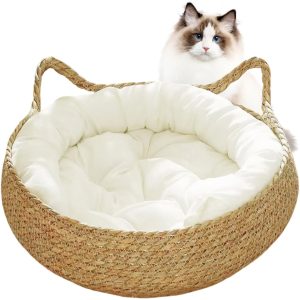 Straw Woven Cat Baskets Bed with Soft Cushion 2-in-1 Cat Beds for Indoor Cats China Manufacturer