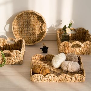 Scalloped Edge Wicker Basket Bamboo Hand-woven Rattan Baskets With Built-in Handles Water Hyacinth Basket Wooden Products Manufacturer