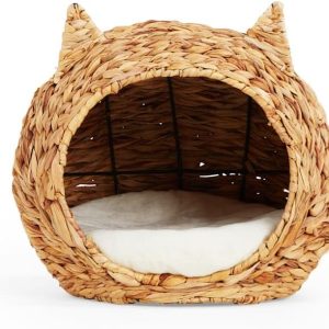 Straw Cat Head Bed With Seagrass Basket Weave Removable Washable Pillow Insert Basket Bamboo Wooden Products Manufacturer