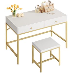 Modern Makeup Desk with Padded Stool White and Gold Desk with Drawers