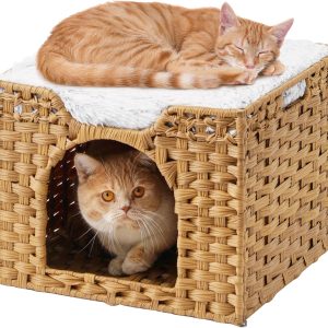 Foldable Rattan Cat Bed House Indoor Large Pet Cave with Soft Mat Kitten Hideout with Hooks for Living Room or Bedroom Bamboo Wooden Products Manufacturer
