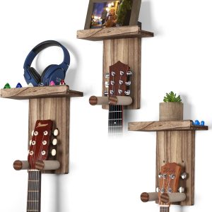 Guitar Wall Mount Hanger Set of 3 Rustic Wood Stand with Pick Holder for Acoustic Electric Bass Ukulele Mandolin Secure and Decorative China Products Manufacturer
