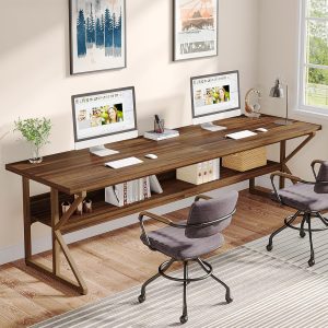 Extra Long Large Computer Desk Solid Wood Grain Gaming Office Desk Hidden Storage