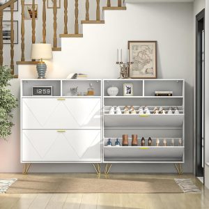 Narrow Shoe Storage Cabinet 2 Flip Drawers Open Shelves for Entryway