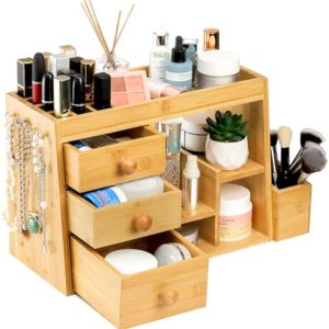 Bamboo Makeup Organizer with 3 Drawers and 12-Grid Lipstick Holder Vanity Cosmetic Storage Box with Hooks for Jewelry and Brushes Desk Top Counter Organizer China Products Manufacturer