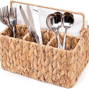 Handwoven Wicker Utensil Caddy with Handle – Water Hyacinth Cutlery Organizer for Countertop, Kitchen Table, or Outdoor Dining – 4 Compartments, Rustic Flatware Holder China Products Manufacturer