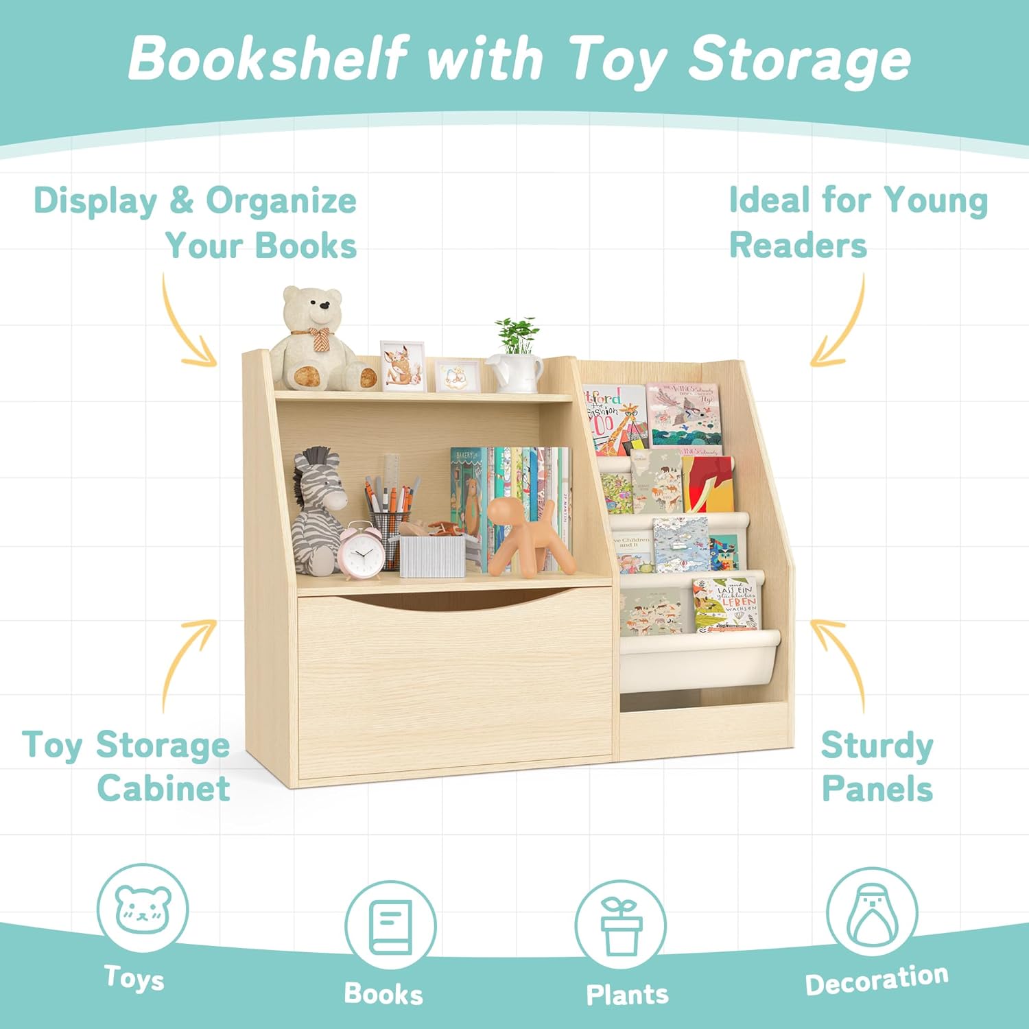 Kids 2 Tier Bookshelf Book Storage 4 Sling Toddler Bookshelf for Toddler Book Organization China Factory - Image 6
