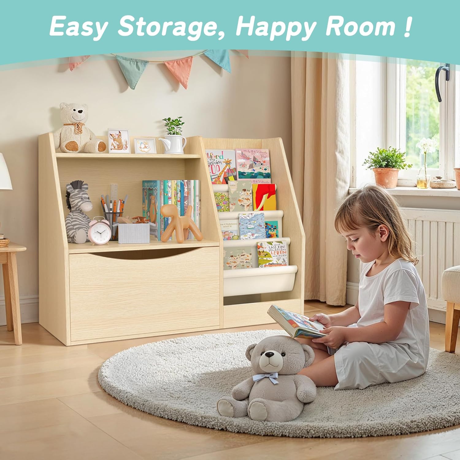 Kids 2 Tier Bookshelf Book Storage 4 Sling Toddler Bookshelf for Toddler Book Organization China Factory - Image 2