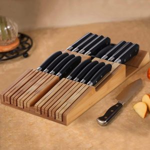 Bamboo In Drawer Knife Block Set for 16 Knives Large Detachable Washable Cutlery Slot Organizer Storage Holder for Sharpening Steel Kitchen Drawer Knife Organizer China Products Manufacturer