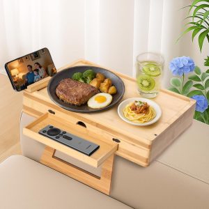 Couch Armrest Table with Built in Drawer Bamboo Sofa Arm Tray 13.75x9.5 Foldable Clip Table with 360° Phone Holder Non Slip Armrest Tray for Snacks Drinks and Remote China Products Manufacturer
