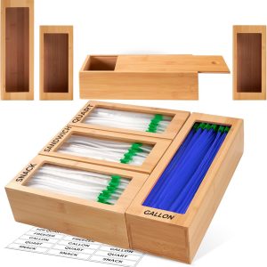 Bamboo Bag Organizer for Drawer 4 Modular Blocks with Labels Plastic Bag Storage Holder Quick Refill Gallon Quart Sandwich Snack Size Baggie Organizer China Products Manufacturer