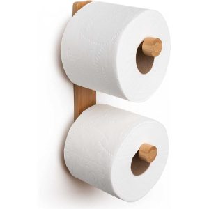 Wall Mount Natural Bamboo Vertical Double Dual Toilet Paper Holder China Factory