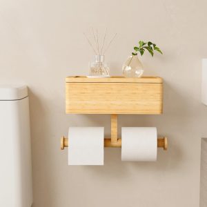 Bamboo 3 in 1 Toilet Paper Holder with Storage Box Bathroom Rack for Tissue and Small Items Wall Mounted Bathroom OrganizerChina Factory