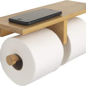 Bathroom Bamboo Double Dual Toilet Paper Holder with Convenience Shelf Tray China Factory