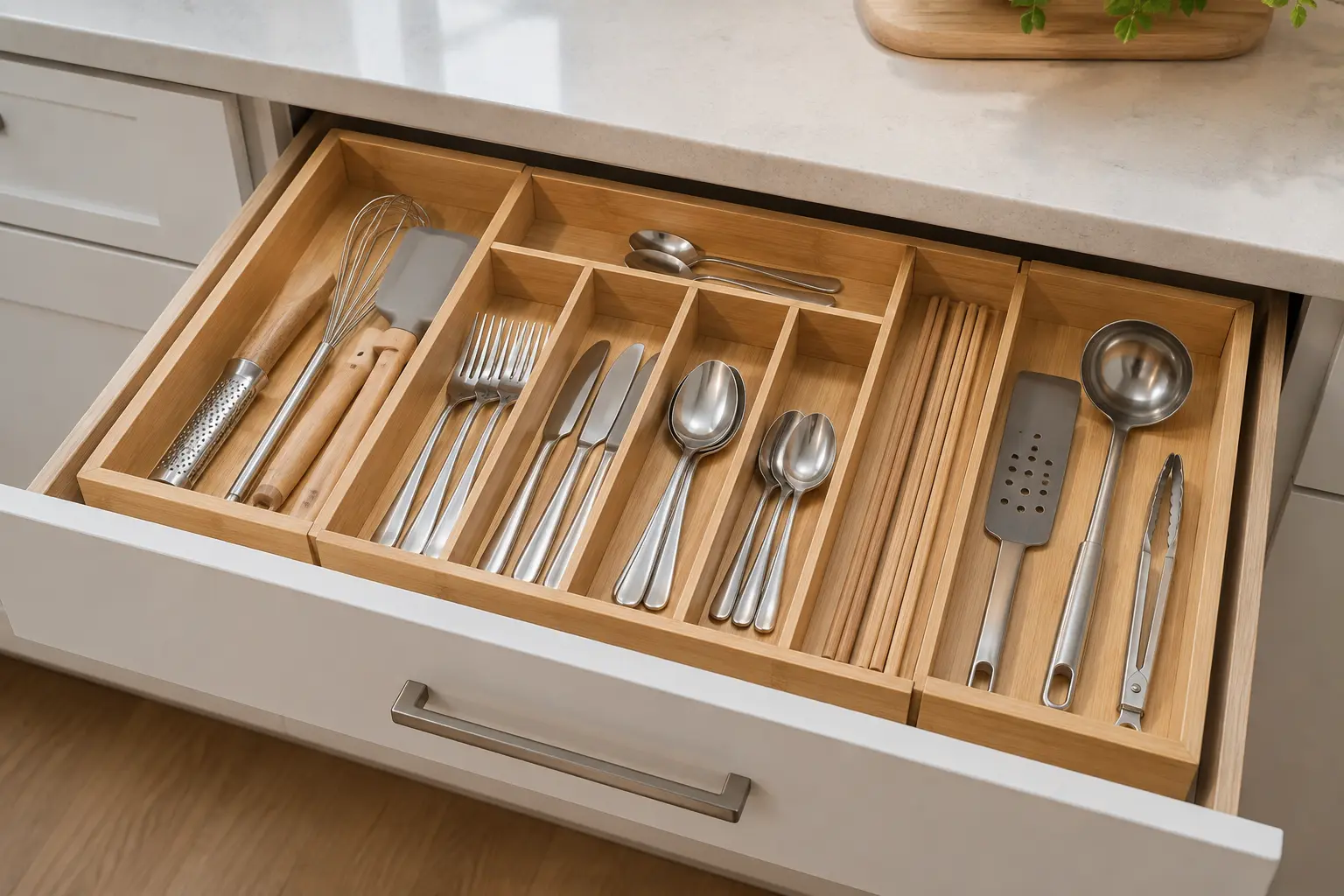 Expandable bamboo cutlery trays organizing silverware inside a kitchen drawer