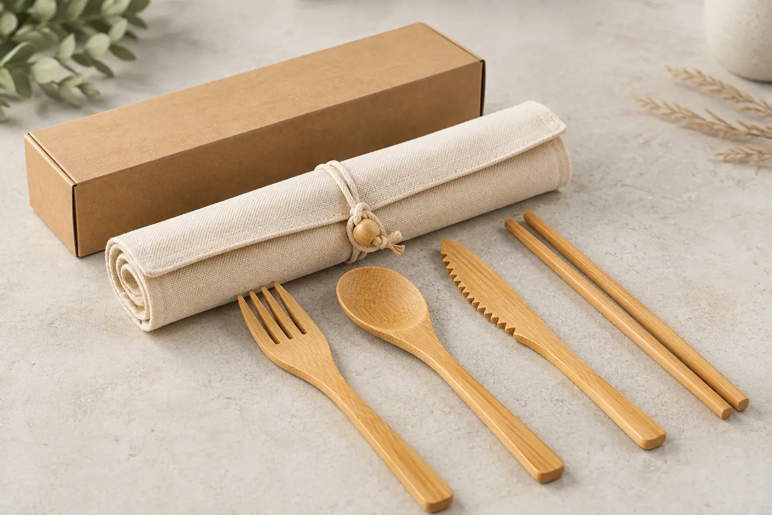 Bamboo cutlery wholesale collection with reusable utensils travel pouch and kraft packaging