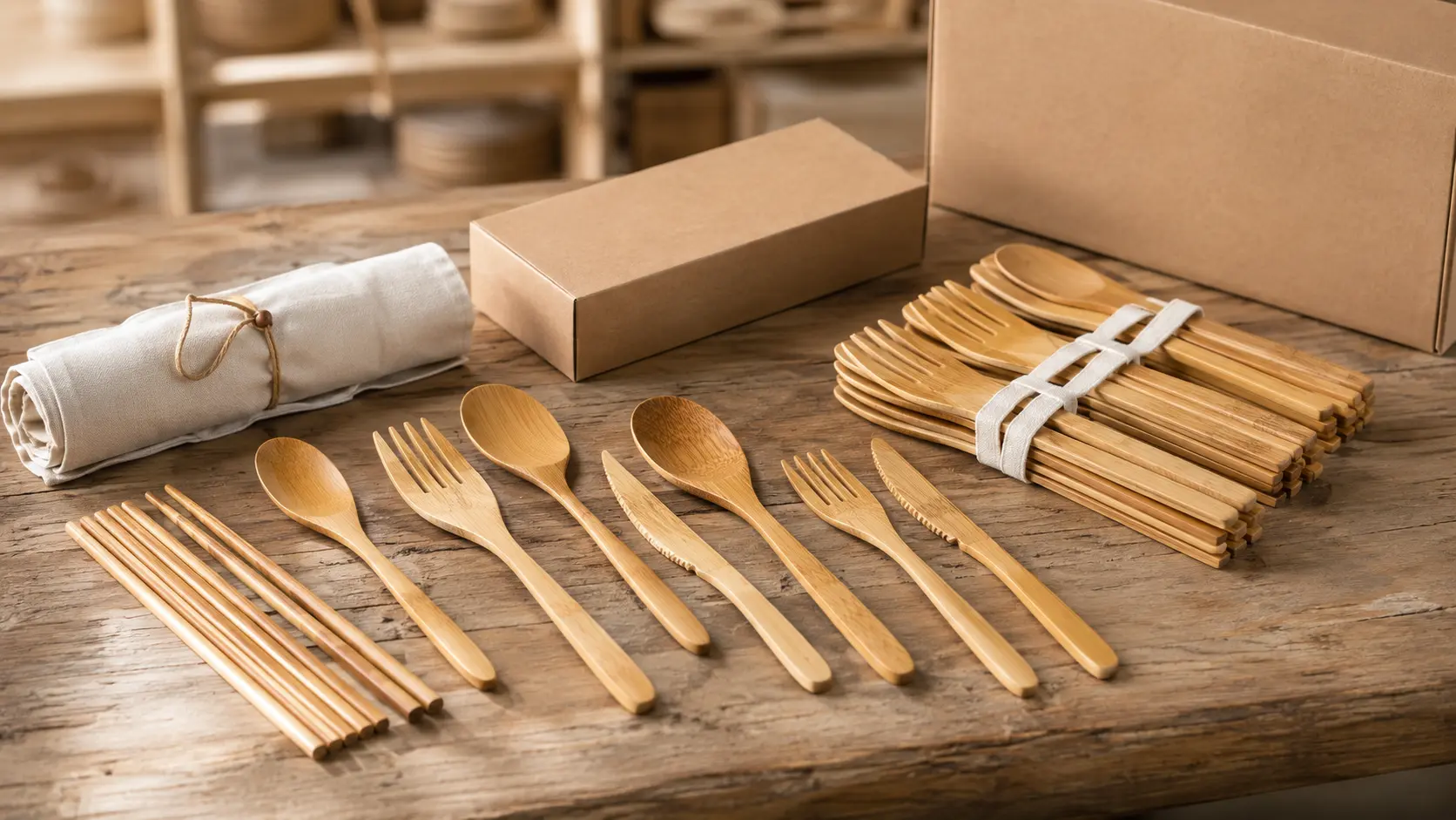 Bamboo flatware wholesale collection with reusable utensils cotton pouches and kraft packaging