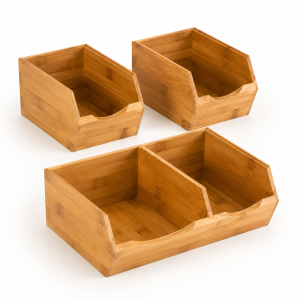 Three-piece bamboo pantry storage bins with open fronts