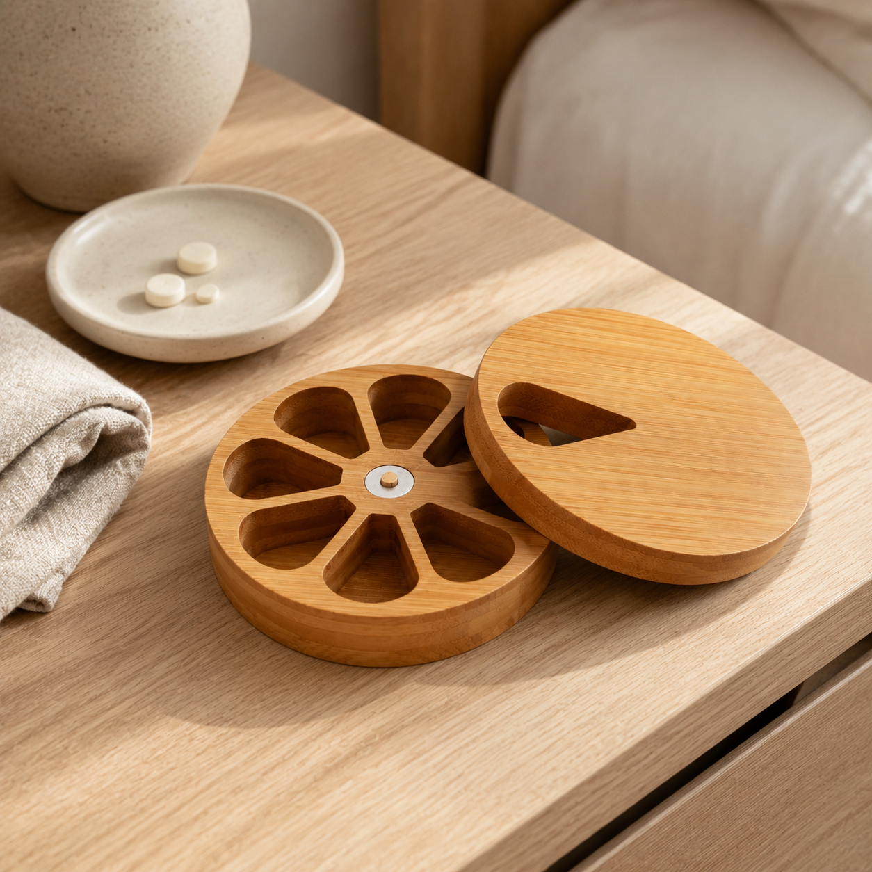 Seven-compartment pill organizer shown on a bedside table with display props