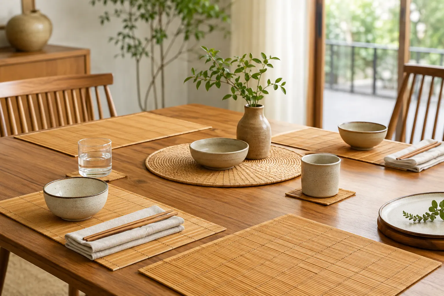 Natural bamboo placemats arranged on a wooden dining table