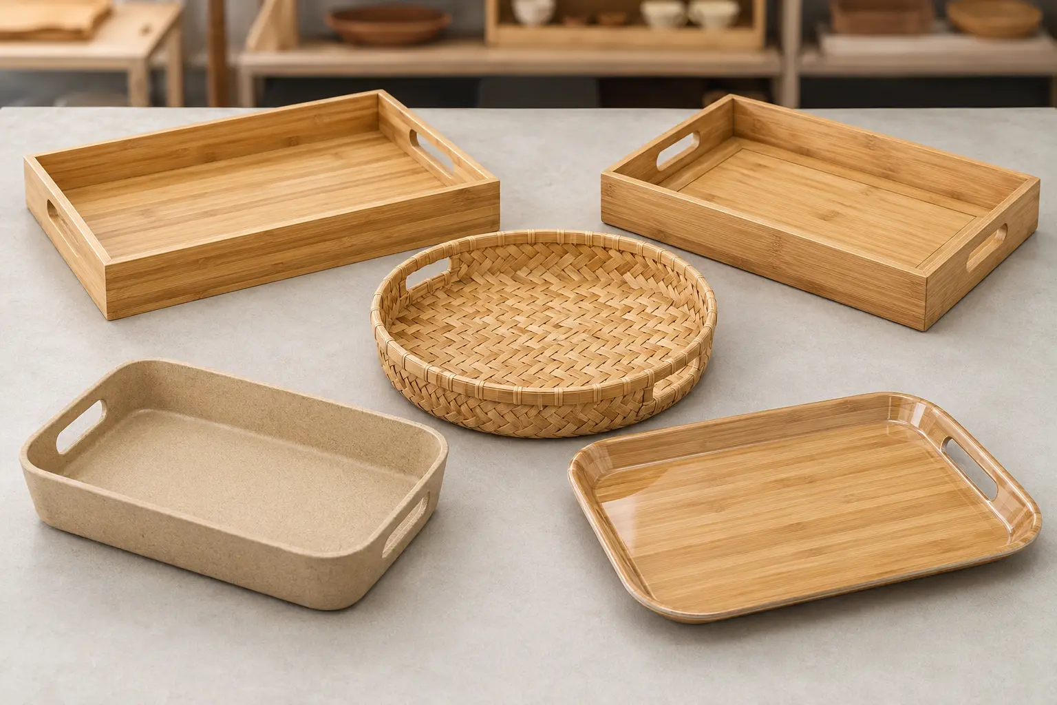 Assortment of solid framed woven fibre composite and melamine bamboo trays