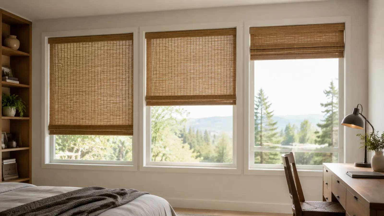 Custom bamboo blinds made to fit three modern bedroom windows
