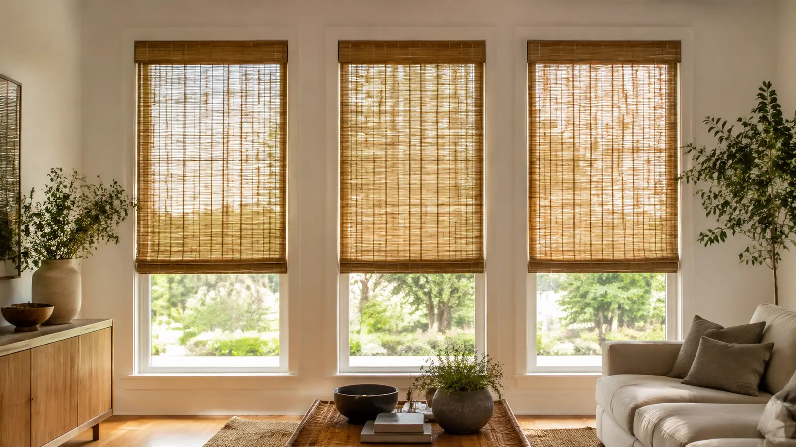 Custom bamboo shades fitted to three tall living room windows